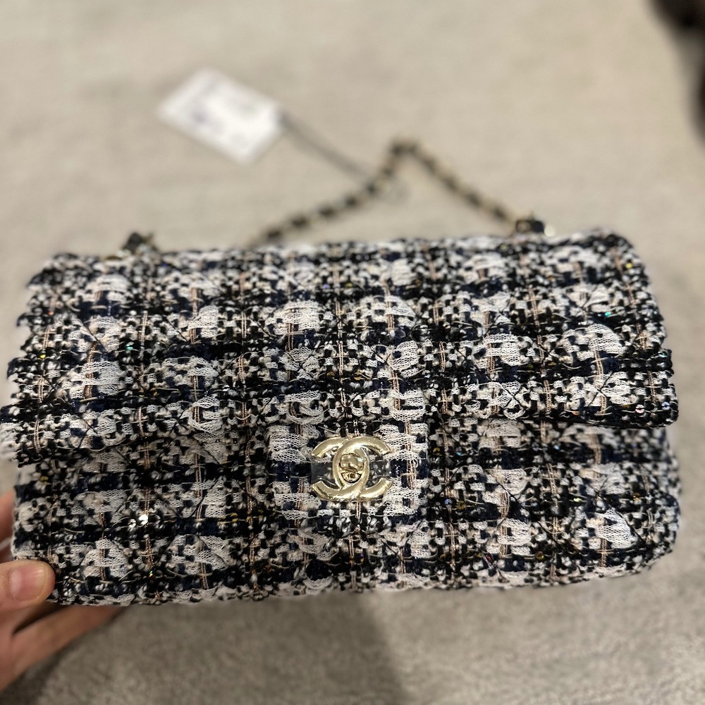 Chanel inspired classic tweed bag with tag attached.